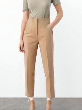 Zara High Waist Slim Trousers Tan M Ankle Cropped